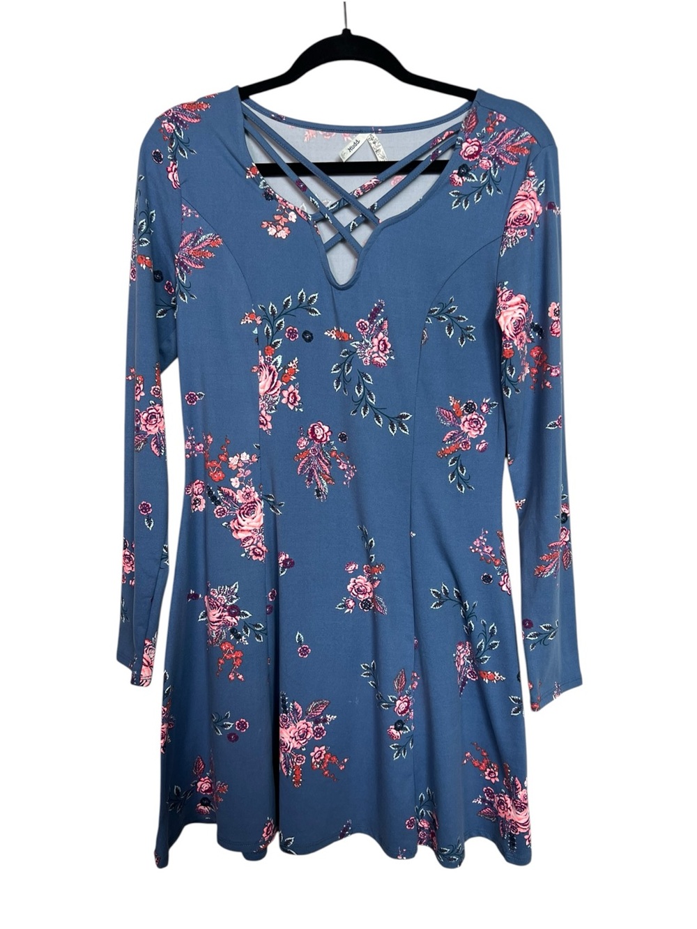 Mudd Size Large Fit & Flare Blue With Pink Floral Print Dress